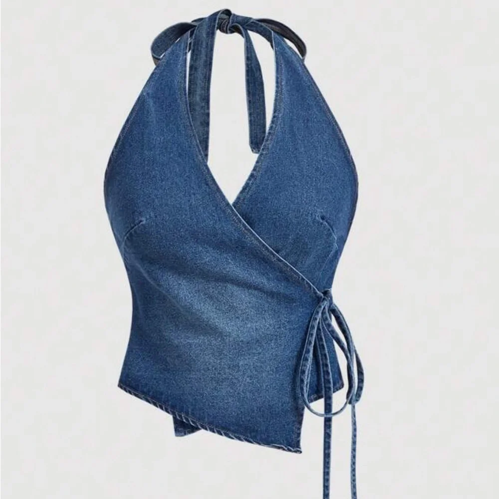 Denim halter top cropped jean shirt bustier 6 bow western rodeo fair cowgirl S M - Picture 5 of 7